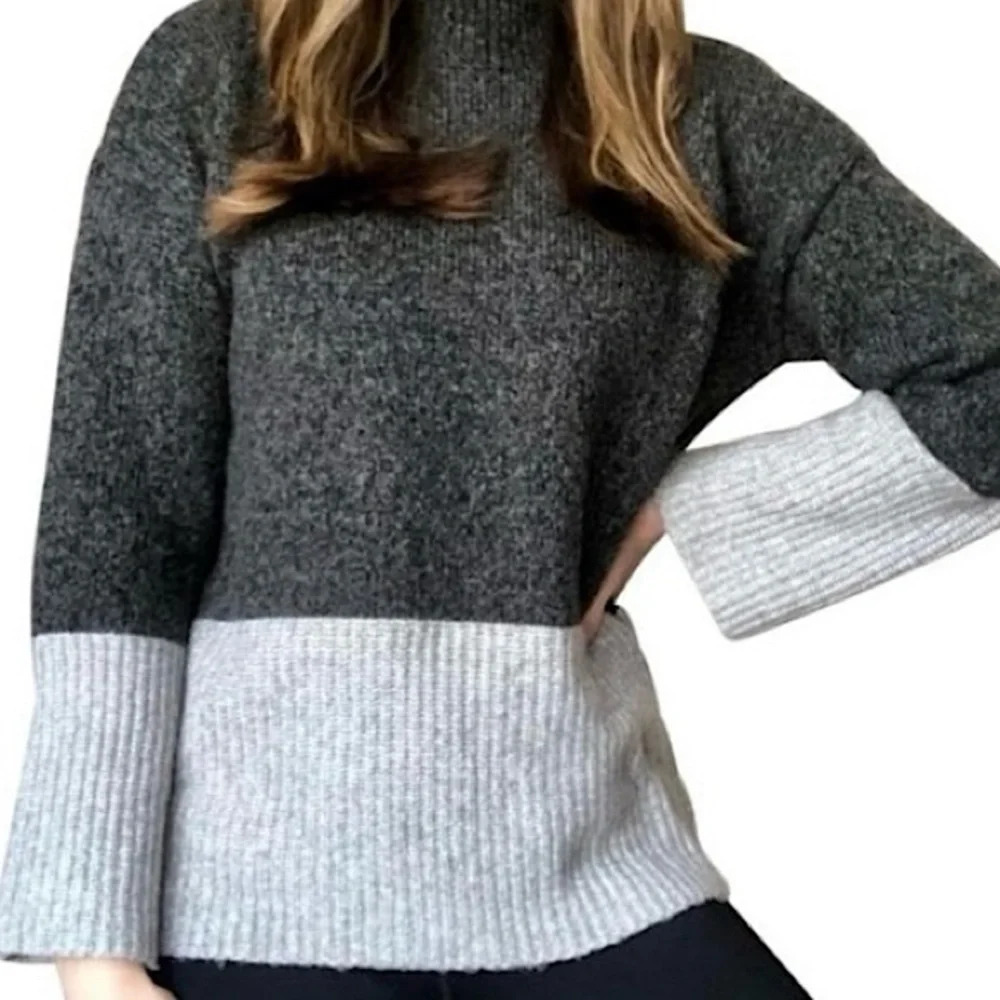Michael Kors Womens Wool Blend Colorblock Mock Neck Relaxed Sweater Grey S